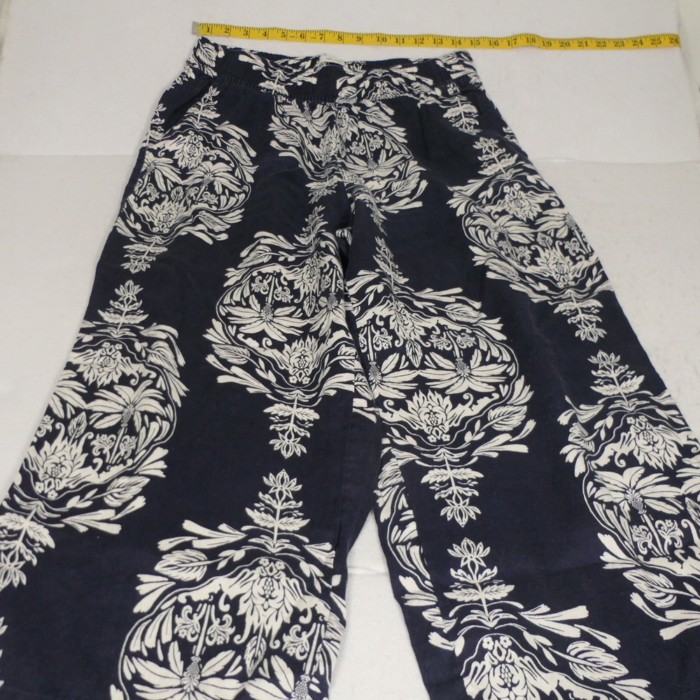 Rachel Zoe Womens Linen Pants M Navy Wide Leg Damask Boho Resort Coastal Grandma
